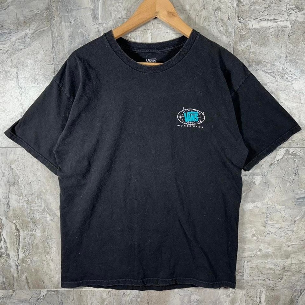 Vans worldwide black tee shirt with blue logo mens Size L #skateboarding